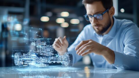 Mann vor einer virtuellen Abbildung einer Fahrzeugkarosserie