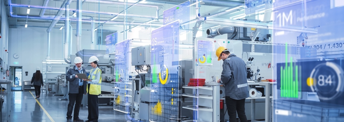 Mitarbeitende in einer Industriehalle, virtuelle Grafiken zeigen Analysedaten