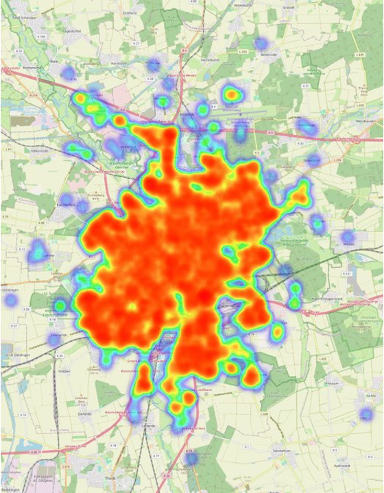 Eine Heatmap, die die größte Nutzung innerhalb der Stadt zeigt.