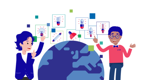 Zwei gezeichnete Personen stehen neben einer Weltkugel.