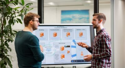 Zwei Männer stehen vor einem Bildschirm und sprechen miteinander