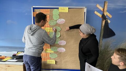 Personen stehen an Flipchart und füllen diese mit Post-Its