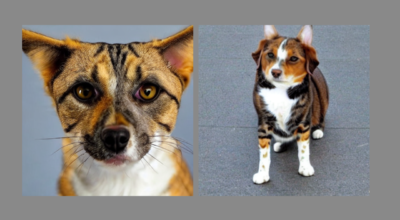 Zwei Bilder von Mischungen zwischen Hund und Katze
