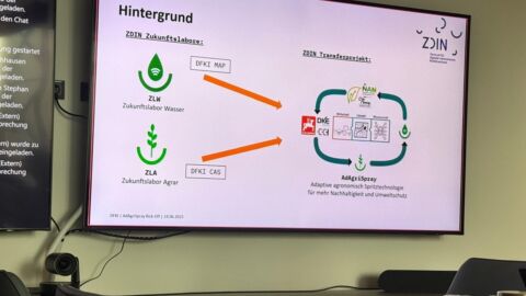Bildschirm an der Wand mit einer grafischen Übersicht der beteliligten Projektpartner