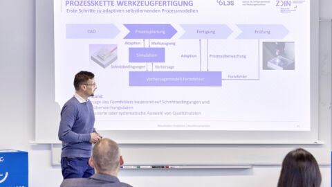 Mann präsentiert mit Abbildungen und Projektor