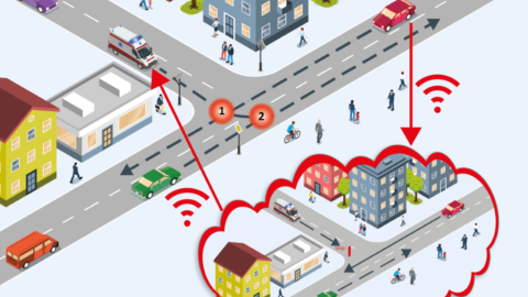 Eine Grafik einer Stadt mit automatisierten Fahrzeugen.
