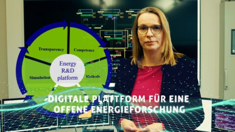 Eine Frau blickt in die Kamera neben ihr ist eine Grafik zu Energy R&D platform