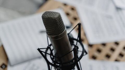 Ein Mikrofon vor Blättern mit Text