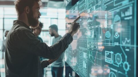 Ein Mann steht vor einem digitalen Board.