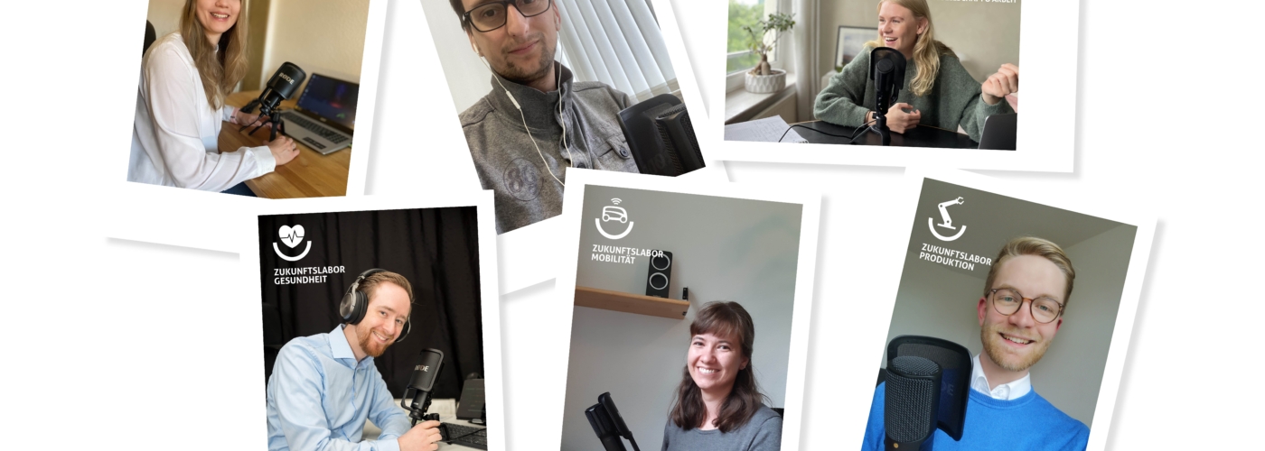 Collage von Polaroidfotos der Gäste des Podcasts.
