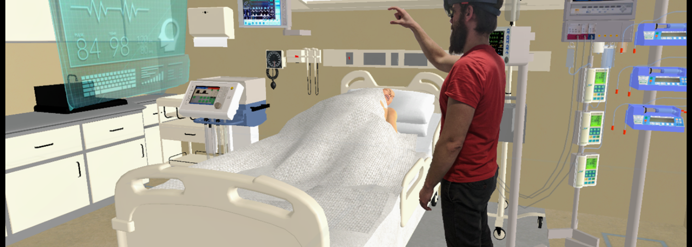 Mann mit VR-Brille in einem virtuellen Krankenhaus Zimmer