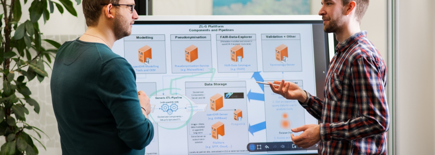 Zwei Personen stehen vor einem Bildschirm