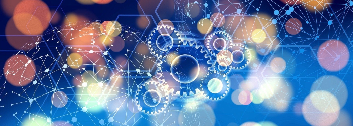 Ein buntes Bild mit Zahnrädern in der Mitte