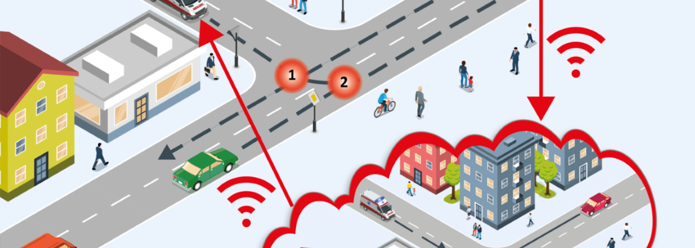 Eine Grafik einer Stadt mit automatisierten Fahrzeugen.