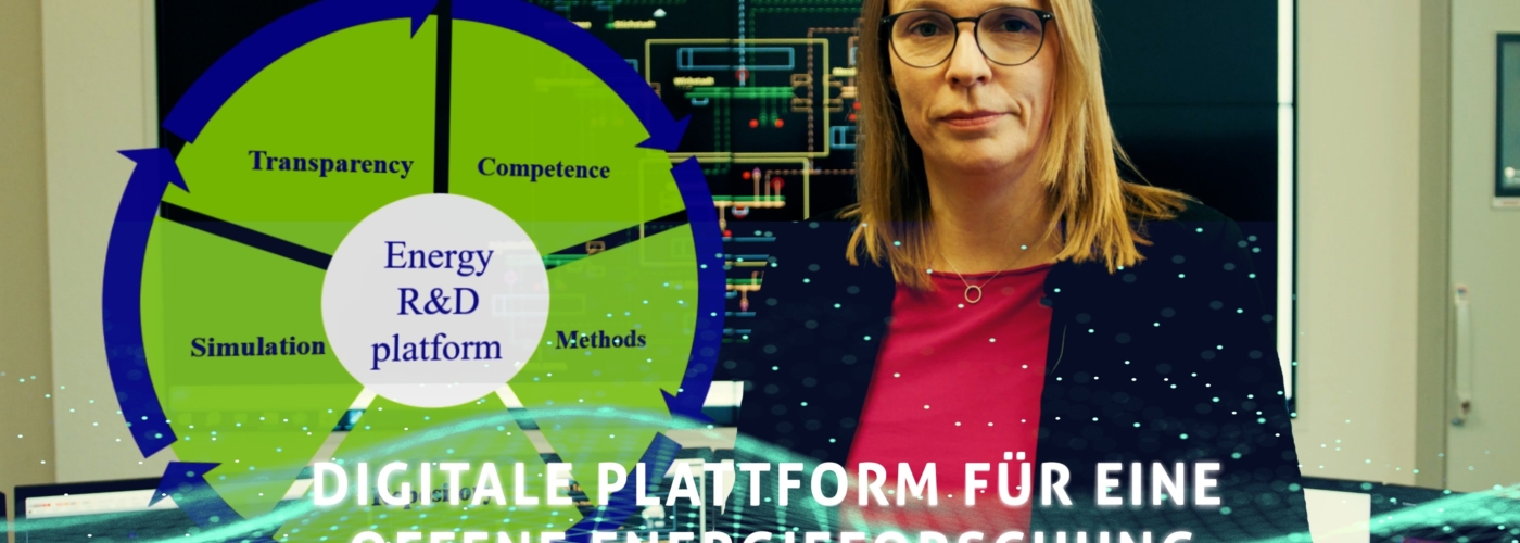 Eine Frau blickt in die Kamera neben ihr ist eine Grafik zu Energy R&D platform