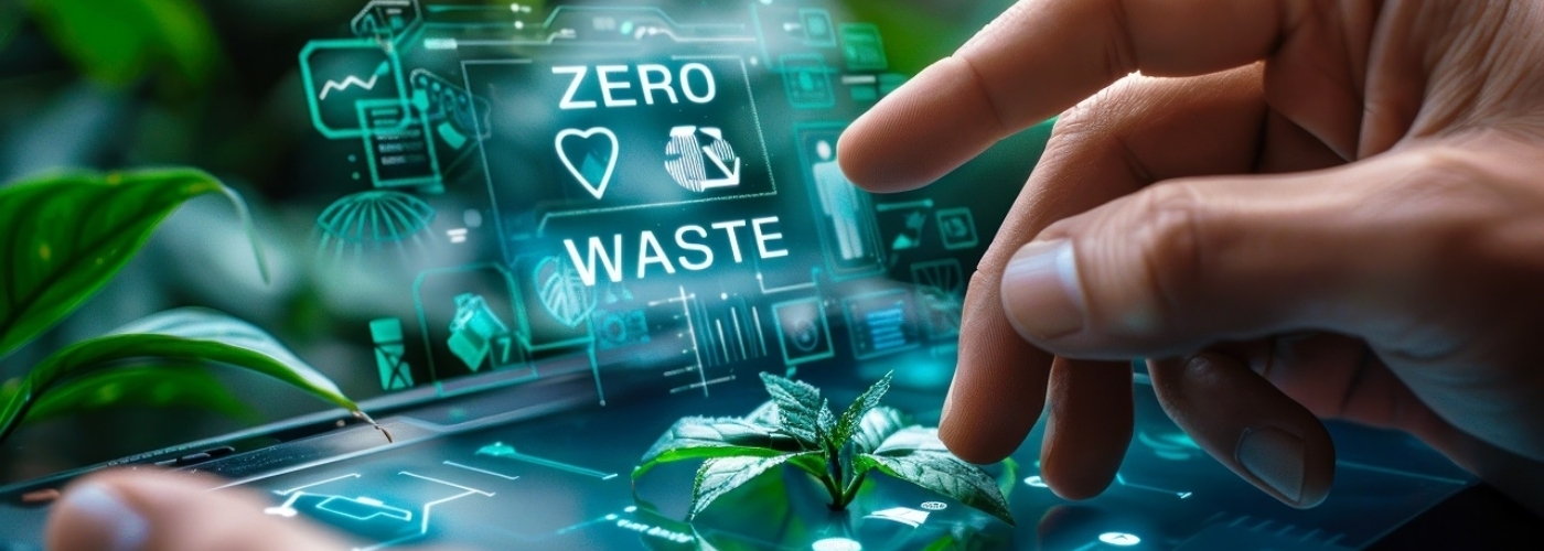 Ein Hologramm, dass "zero waste" über Pflanzen und Händen anzeigt.