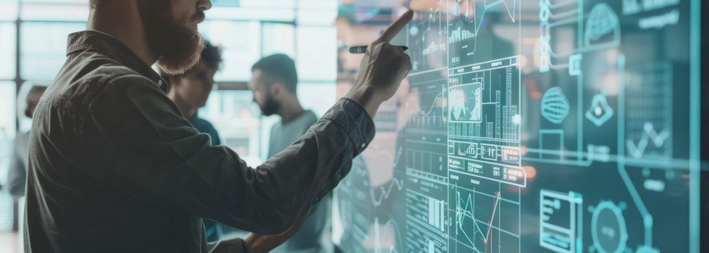 Ein Mann steht vor einem digitalen Board.