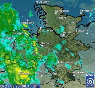 Eine Landkarte von Niedersachsen, über der ein Regengebiet entlangzieht